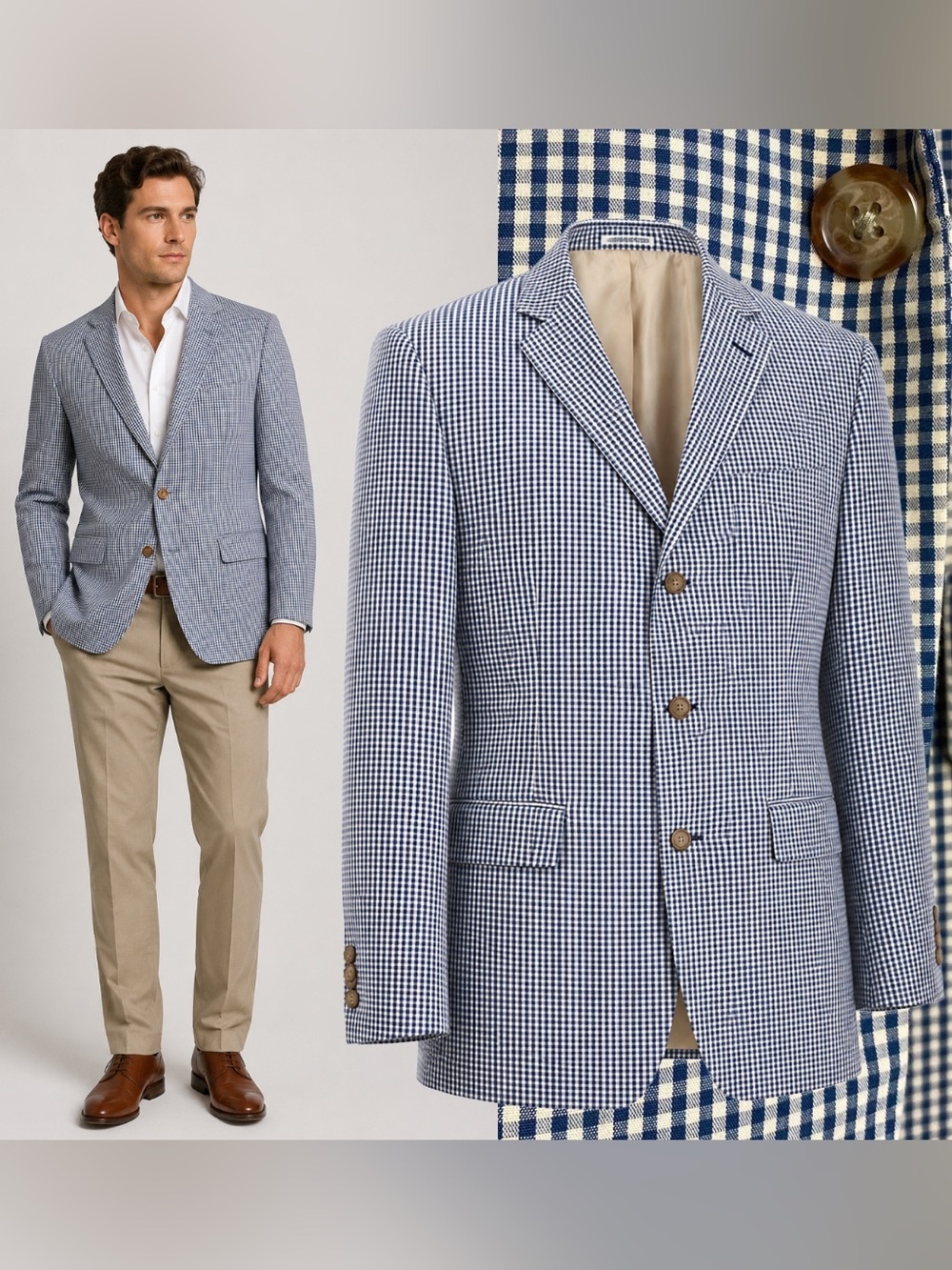 Orvis Navy Beige Gingham Check 3 Button Sport Coat Blazer Cotton Preppy Size 46R